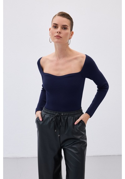 Sateen Kalp Yaka Triko Bluz - Lacivert-136461 Lacivert
