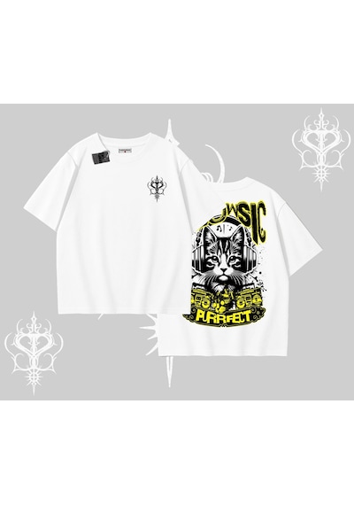 Tarzsokak Meowsic Purrfect Kedi Arka Baskılı Oversize Tshirt Beyaz