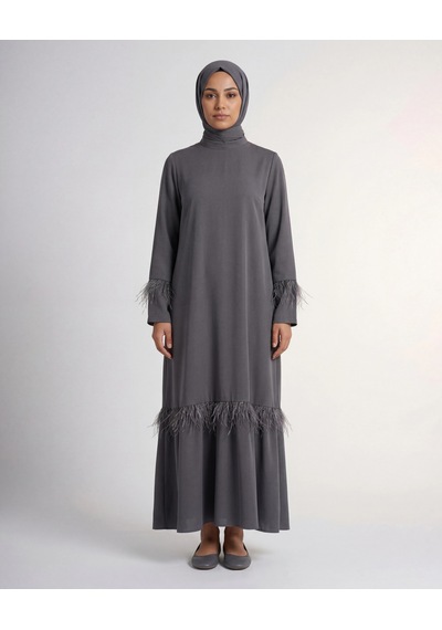 Nevayla Moda Tüy Detaylı Zarif Elbise / Gri - E0133
