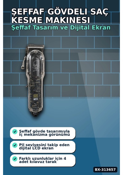 Şeffaf Gövdeli Saç Kesme Makinesi 4 Taraklı Ayarlanabilir Bıçak Lcd Ekranlı Şarjlı Bx-313657