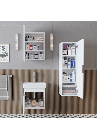 Likya Kapaklı Lavabolu 50 Cm Banyo Alt Dolabı + Üst Dolabı + Banyo Boy Dolabı Beyaz