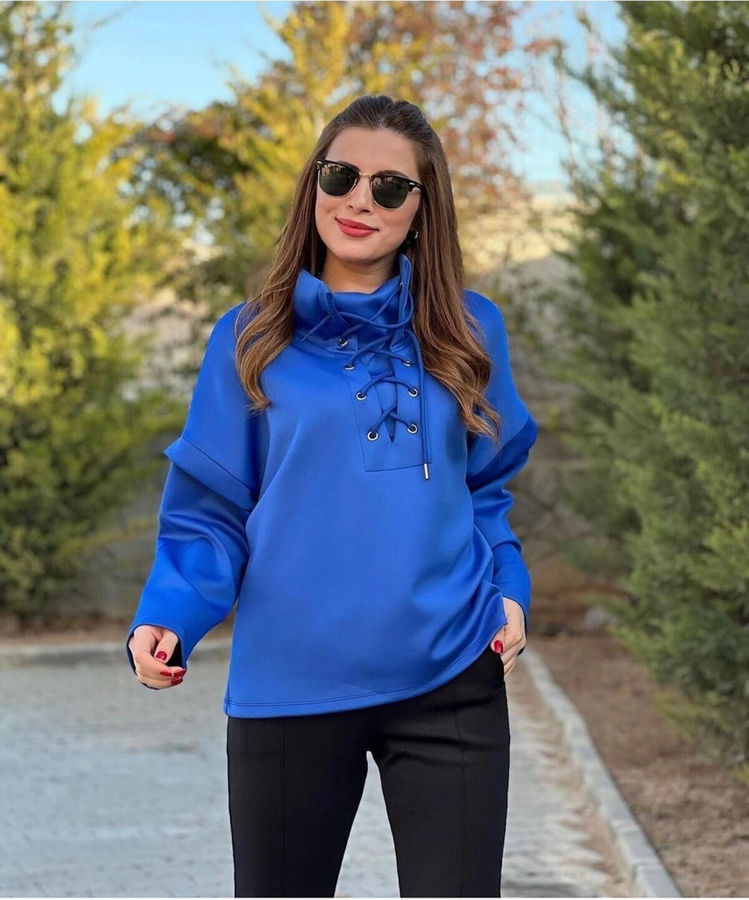 Kadın Yakası Bağcıklı Scuba Oversize Spor Şık Tasarım Sweatshirt Saks