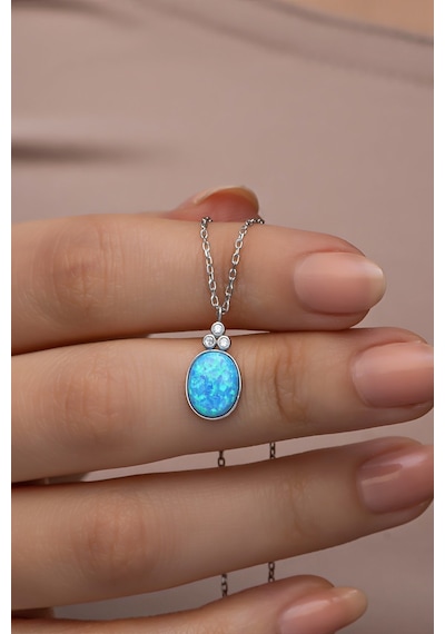 Nereze 925 Ayar Gümüş Rodyum Kaplama Oval Mavi Opal Taşlı Kolye
