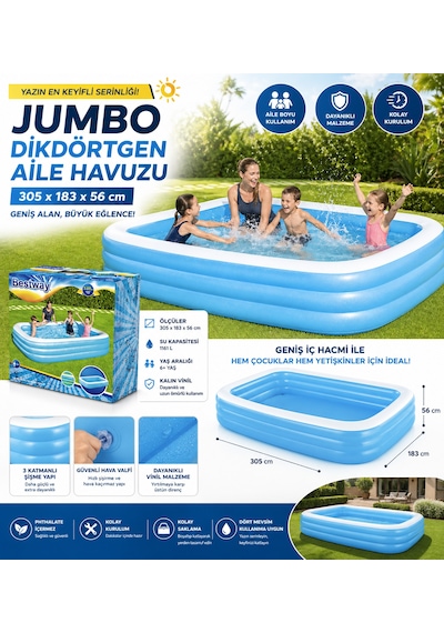 Jumbo Aile Havuzu 305x183x56 Cm Şişme Dikdörtgen Bahçe Havuzu Geniş Ve Dayanıklı Tasarım