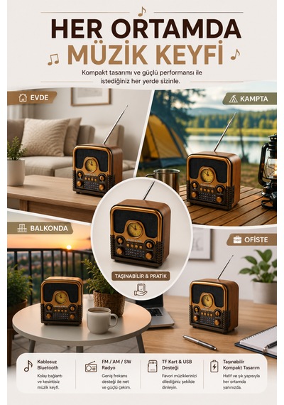 Retro Bluetooth Hoparlör Radyo Fm Am Sw Radyo Bluetooth 5.0 Tf Kart Usb Destekli Ahşap Nostaljik Tasarım Taşınabilir Kablosuz Speaker