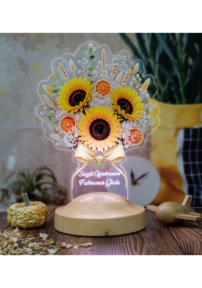 Ayçiçeği Buketi Led Lamba, Günebakan Çiçek Buketi Doğum Günü Hediyesi Kadına, Anneye Ve Öğretmene Hediye Masa Lambası