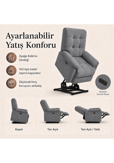 Smarto Relax Porto Liftli Çift Motorlu Elektrikli Ayağa Kalkma Destekli Polyester Hasta Ve Baba Tv Koltuğu Gri