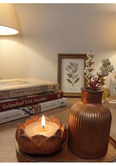 Efruz Antik Bakır Görünümlü 3'lü Dekoratif Set - Lotus Tealight Mumluk, Çizgili Mini Vazo Ve Sunum Tablası