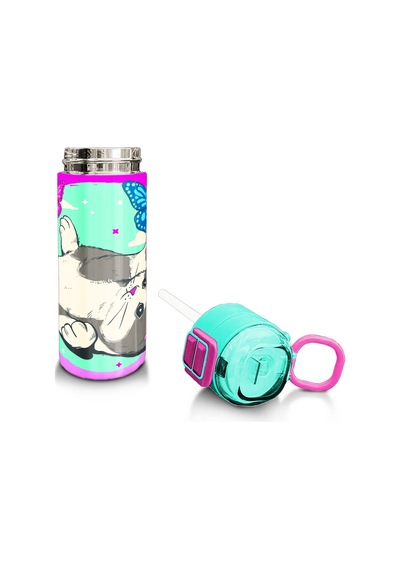 Coral High Kids Su Yeşili Pembe Kedi Desenli Pipetli Ve Direkt İçim Çelik Termos 500 Ml 31796 Yeşil