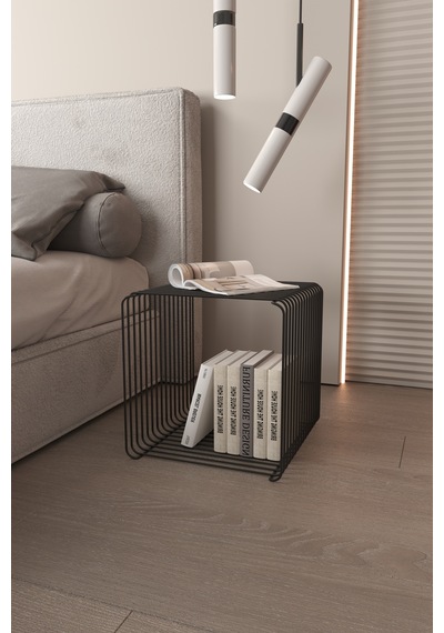 Miami Minimalist Metal Tel Kare Yan Sehpa Modern Küp Yan Sehpa & Modüler Kitaplık Dergilik Siyah