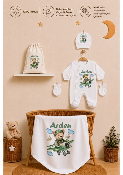 Pia Baby Erkek Bebek Hastane Çıkışı 6 Parça %100 Pamuk İsme Özel Kese Hediyeli Tulum Şapka Eldiven Seti 1014tybk0x Krem