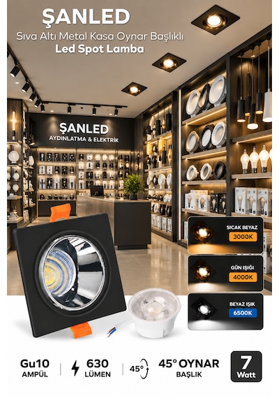 7w 3 Renkli Sıva Altı Kare Metal Siyah Krom Kasa Oynar Başlıklı Gu10 Led Spot 2 Adet Siyah - Krom