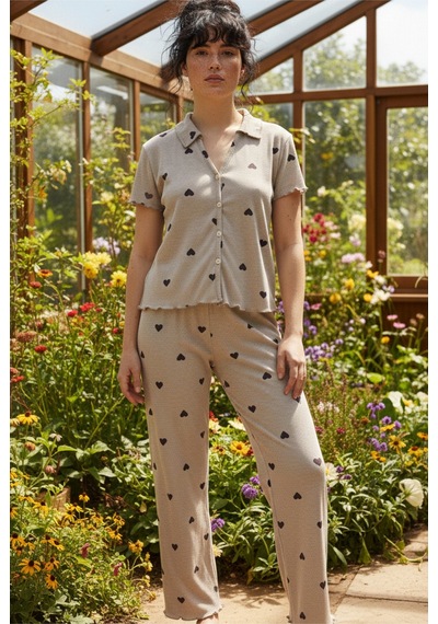 Siyah İnci Yakalı Düğmeli Fitilli Kaşkorse Örme Pijama Takım 26120501 Yeşil
