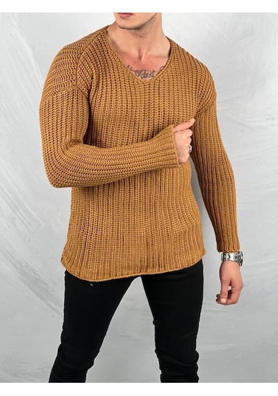 Modefendi Yüksek Kalite Çelik Örme Oversize Kazak Hardal