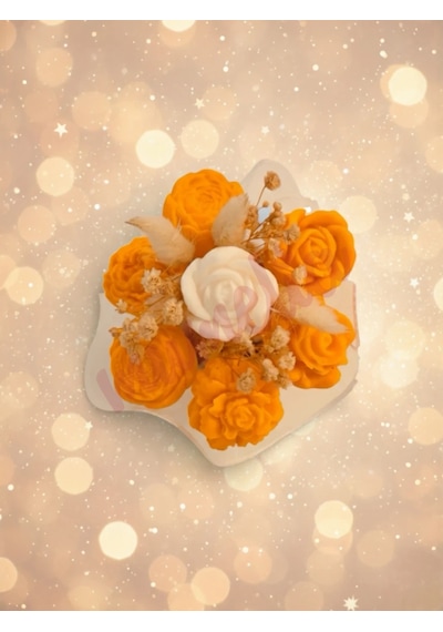 Mumelia Pastel Çiçekler - Doğal Soya Rose Gold Kutulu Mini Mum Buketi - Turuncu