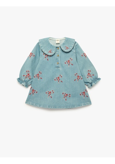 Koton Pamuklu Fiyonk İşlemeli Uzun Kollu A Kesim Bebe Yaka Denim Elbise Lıght Indıgo 6smg80006ad Açık Mavi