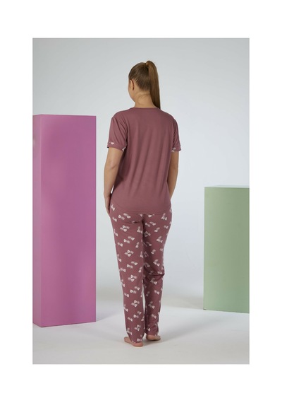 Estiva Kadın Yaprak Alt Desenli Kısa Kollu Soft Pijama Takımı Pudra