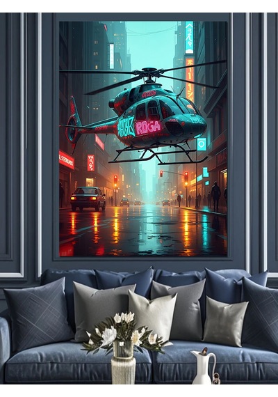 Ahşap Tablo Gece Şehri Ve Helikopter Figürü