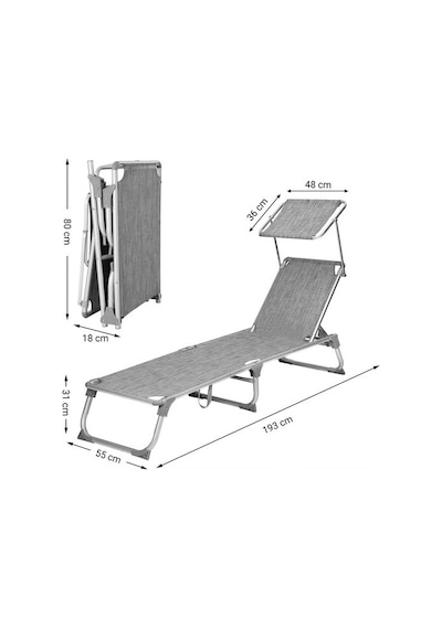 Songmics Gcb19tg Ayarlanabilir Ve Katlanabilir Gölgelikli Şezlong, 55x193x31 Cm, Gri Kırçıllı,