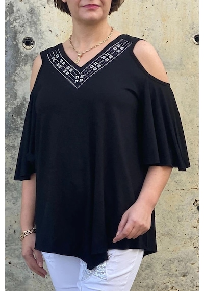 Mia Butik Büyük Beden Siyah Arkası & Önü V Yaka Bluz Siyah