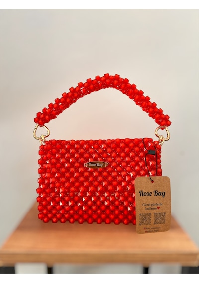 Rose Bag Kırmızı Boncuk Çanta Şık Kadın El Çantası