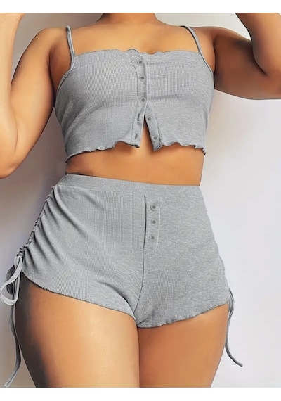 Sinemonline Kadın Ip Askılı Crop Bluz Ve Yanlardan Büzgülü Ikili Kaşkorse Short Takım Gri