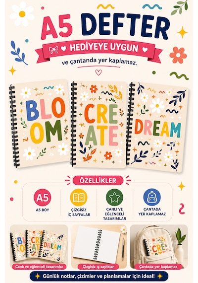 Zumio A5 Motivasyon Defteri Bloom, Create, Dream Tasarımlı Çizgisiz Spiralli Defter 60 Yaprak Düz
