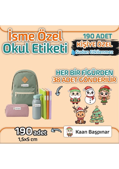 Kapbirhediye Okul Etiketi Isme Özel Kalem Defter Etiketi Yılbaşı Temalı 190 Adet Çok Renkli