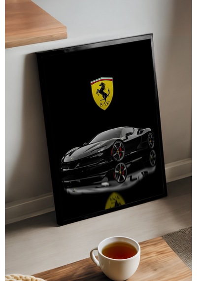 Ferrari Sf90 Spider Siyah Ahşap Çerçeveli Poster, Dekoratif Araba Duvar Tablosu
