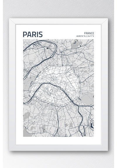 Paris Fransa France Haritası Çerçeveli Tablo Lüks Salon Ofis Duvar Dekorasyonu Hediyelik Tablo Beyaz