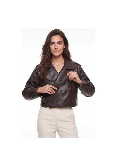 Onloox Kadın Acı Kahve Acı Kahve Deri Görünümlü Oversize Crop Geniş Cep Detaylı Kemerli Polyester Ceket Acı Kahverengi