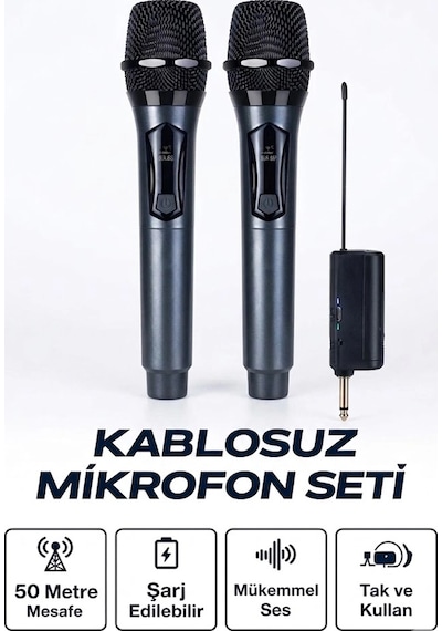 Profesyonel Çiftli Kablosuz Mikrofon Seti Karaoke Şarj Edile