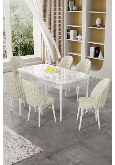 Canisa Gale Serisi 80x132 Açılabilir Lak Panel Beyaz Mermer Desen Mutfak Masa Takımı 6 Krem Sandalye Masa Beyaz Mermer Desen Sandalye Krem Canisa Gale Serisi 80x132 Açılabilir Lak Panel Beyaz Mermer Desen Mutfak Masa Takımı 6 Krem Sandalye Masa Beyaz Mermer Desen Sandalye Krem