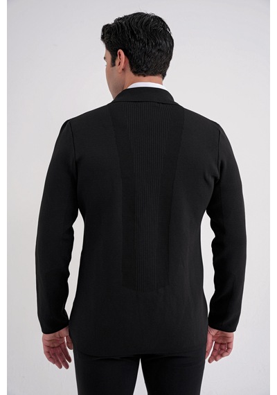 Comfort Fit Ceket Yaka Torba Cep Düğmeli Siyah Yünlü Triko Ceket 04 Siyah