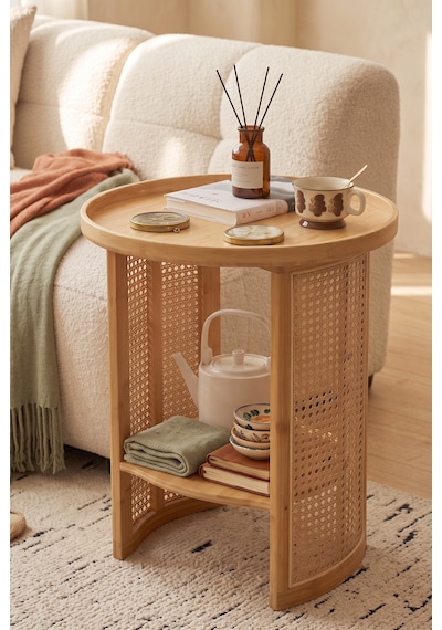 Robin Home Doğal Bambu Rattan Yan Sehpa Tepsili Yuvarlak Dekoratif Sehpa Bej