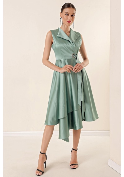 By Saygı Kruvaze Yaka Bağcıklı Saten Elbise Mint 29756 Mint