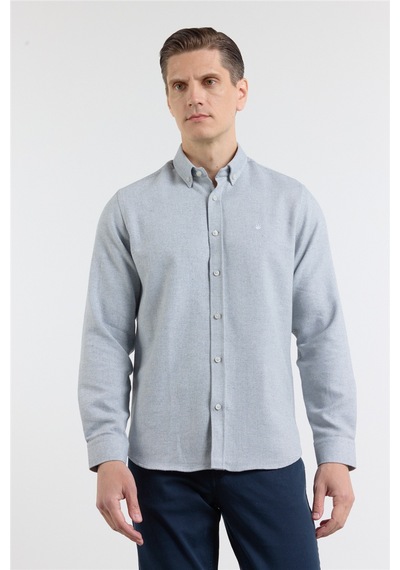 İmza Mavi - Beyaz Düğmeli Yaka Uzun Kol Cepsiz Slim Fit Pamuklu Gömlek 1004260164