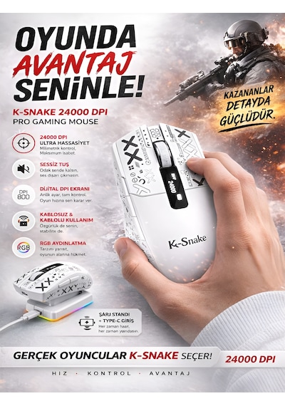 Kablosuz Oyuncu Mouse 24000 Dpı 1000hz Rgb Şarj İstasyonlu Dijital Göstergeli Gaming Mouse Beyaz