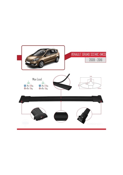 Renault Grand Scenic Mk3 2009-2016 Arası İle Uyumlu Fly Model Ara Atkı Tavan Barı Siyah