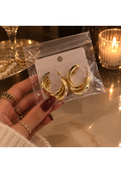 Gold Metal Halka Küpe Modern Çok Katlı Tasarım Şık Günlük Kullanım Altın