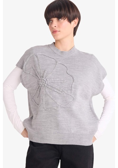 Defacto Relax Fit Bisiklet Yaka Çiçekli Triko Süveter G3324ax25augr156 Gri-gr156