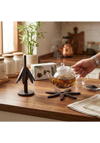 İbico İ22-320 Ahşap Bambu Katlanır Nihale 2 Adet - Yapraklı Çiçek Modeli, Çap 20 Cm, Ağaç Model Standlı
