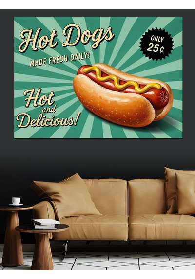 Hot Dog Sloganlı Sosisli Görselli Retro Afiş Dekoratif Kanvas - Mdf Ahşap Tablo