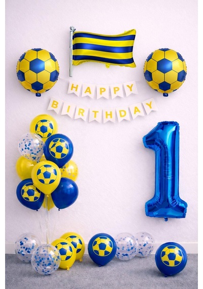 Sarı Lacivert Futbol Temalı 1 Yaş Doğum Günü Balon Seti Sarı Lacivert