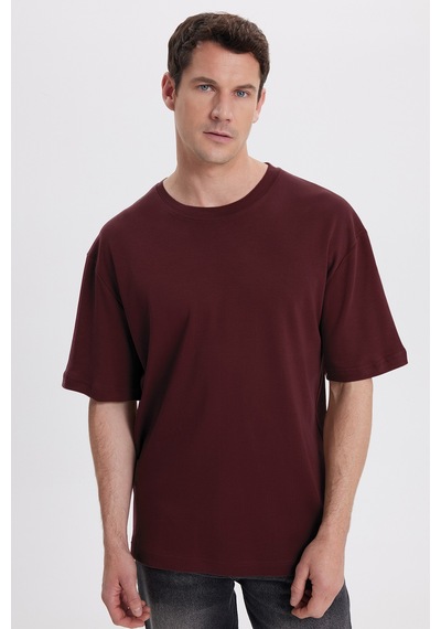 Tudors Unisex Oversize Geniş Kesim %100 Pamuk Yumuşak Dokulu Basic Bisiklet Yaka Bordo Tişört-40053 Bordo