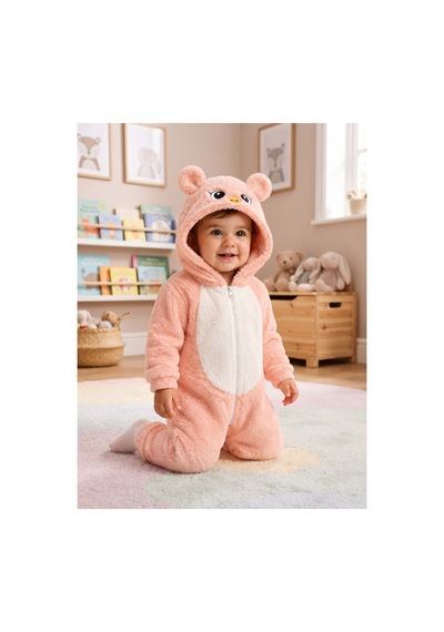 Chicsy Baby Tatlı Kız Bebek Welsoft Tulum Kuş Civciv Nakışlı Kulaklı Kapüşonlu Fermuarlı Peluş Kışlık Bebek Tulumu Somon