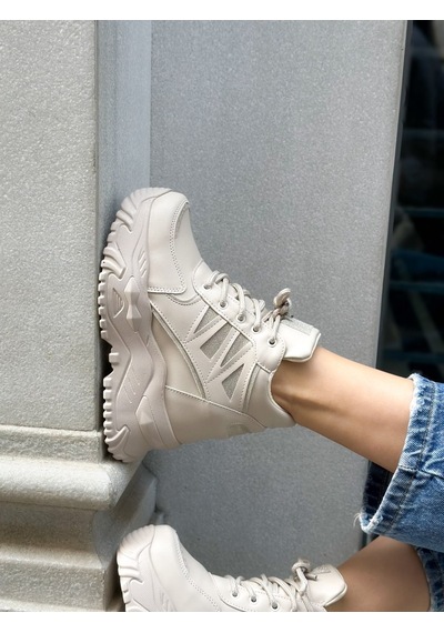 Erva'nın Butiği Bej Cilt Celly Gizli Topuk Dolgu Topuk 7 Cm Boy Uzatan Sneakers-6475