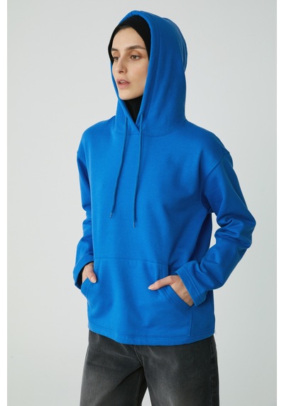 Ethıquet Pıper Kadın Içi Polarlı Yumuşacık Comfort Fit Kapüşonlu Kanguru Cepli Saks Mavi Sweatshirt