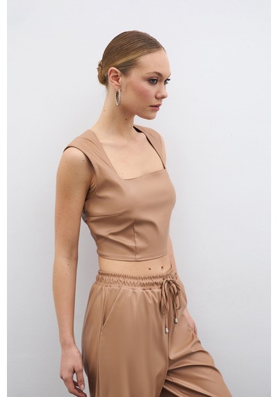 Sateen Kare Yaka Deri Crop - Bej-135671 Bej