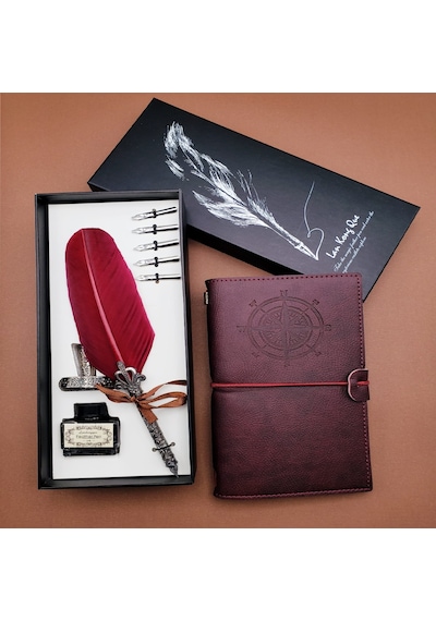 Tüylü Kalem Ve Deri Defter Set